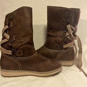Never worn brown leather boots with fun buckle/tie detail